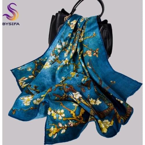 BYSIFA|Elegant Blue 100% Silk Scarf Women Brand Peach Blossom Square Scarves Hairband Fashion Accessories Spring Fall Neck Scarf