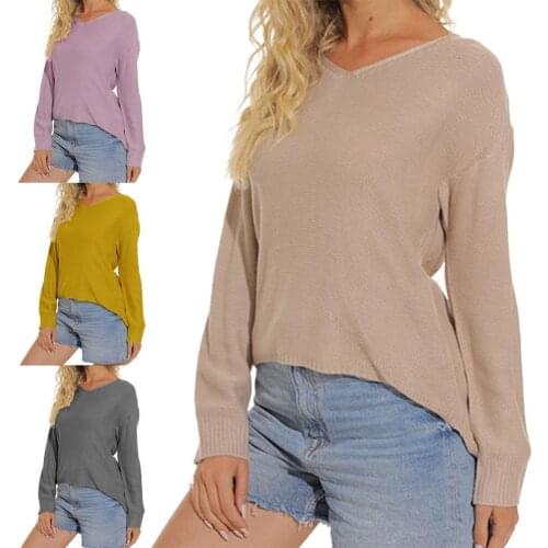 Autumn Winter New Women Casual V-Neck Long Sleeve Loose Tops Pullover Sweater Solid Back Long Knitted Pullover Daily Streetwear