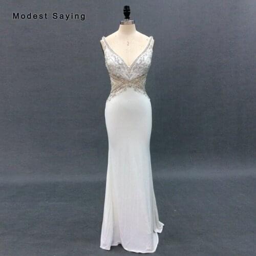 Real Photo Luxury Mermaid Plunging Neck Beaded Sparkly Evening Dresses 2018 with Rhinestone Sexy Backless Women Party Prom Gowns