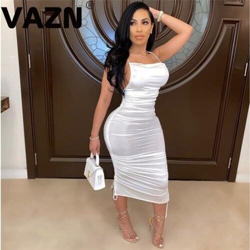VAZN Summer Hot Plus Size Outspoken Sexy Night Club Halter Off Shoulder Backless Solid Sweet High Waist Women Thin Midi Dress