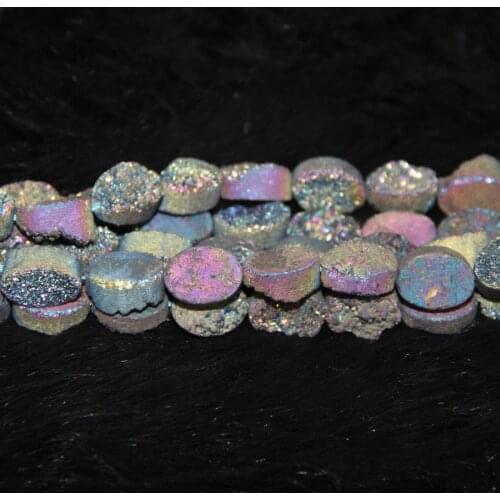 13x18mm Rainbow Druzy Face Necklace Oval Flat Beads Pendants, Top Drilled Drusy Stone Quartz Coin Slab Beads for Women Jewlery