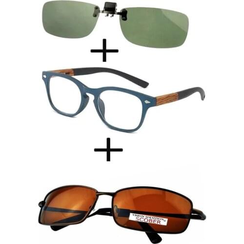 3Pcs!!! Comfortable Wooden Squared Frame Reading Glasses for Men Women + Alloy Polarized Sunglasses Outdoor + Sunglasses Clip
