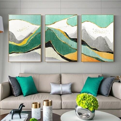 Abstract Mountain Landscape Yellow and Green Modern Canvas Paintings Poster Print Wall Art Pictures Living Room Home Decoration