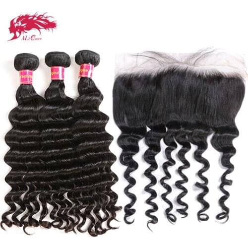 Ali Queen Hair Bundles With 13x4 Lace Frontal Natural Wave Brazilian Remy Human Hair Bundles With Closure Natural Color
