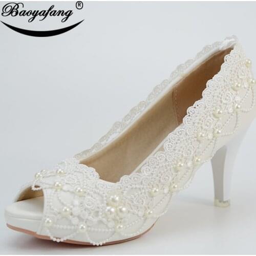 BaoYaFang Womens Summer Shoes Woman 8cm Thin heel Peep Toe Wedding shoes Bride Open Toe Ladies White Lace Pumps party shoes