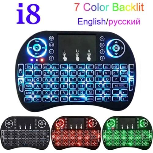 7 Colors i8 Keyboard Backlight English Russian Air Mouse Wireless Touchable Remote Control for Smart TV Box Desktop Touchpad PC