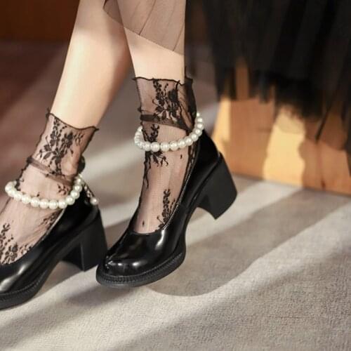 Ochanmeb Shiny Patent Cow Leather Shoes Women Chunky Block Heels Pumps Woman Ankle String Pearls Lolita Shoe Dress Party Wedding