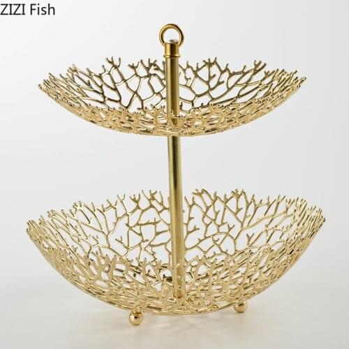 Modern Golden Metal Coral Decoration Alloy Double Layer Fruit Plate Room Dining Table Large Capacity Desktop Storage Decoration
