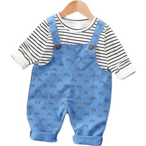 Kids Cartoon Clothes Spring Autumn Boys Girls Stripe T Shirt Overalls 2Pcs/set Toddler Casual Costume Children Fashion Tracksuit