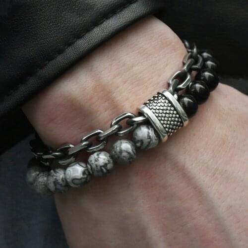 Matte Map Stone Bracelet Metal Wrist Chain Jewelry Yellow Tiger Eye Volcanic Stone Beaded Bracelet Men Personality Jewelry