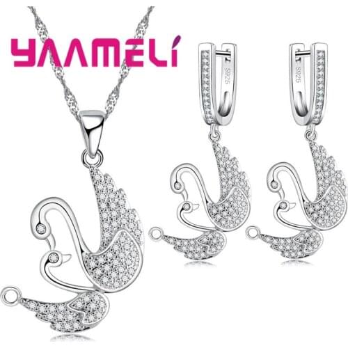 Trendy Couple Kiss Crystal Swan Jewelry Sets 925 Sterling Silver Crystal Necklace Pendant Drop Earring for Women Wedding