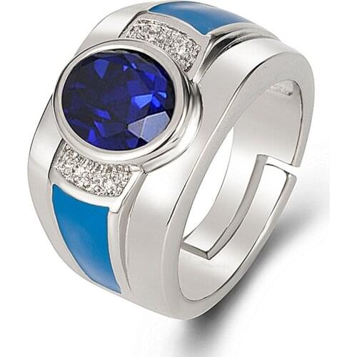 Fashion luxury blue crystal sapphire gemstones diamonds rings for men white gold silver color bague jewelry party accessory gift