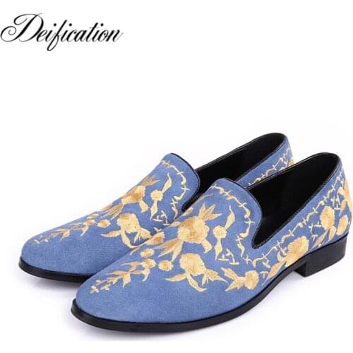 Deification Luxury Floral Embroidered Platform Shoes Slip on Creeping Mens Shoes Casual Slip-On Cow Suede Men Loafers Mocasines