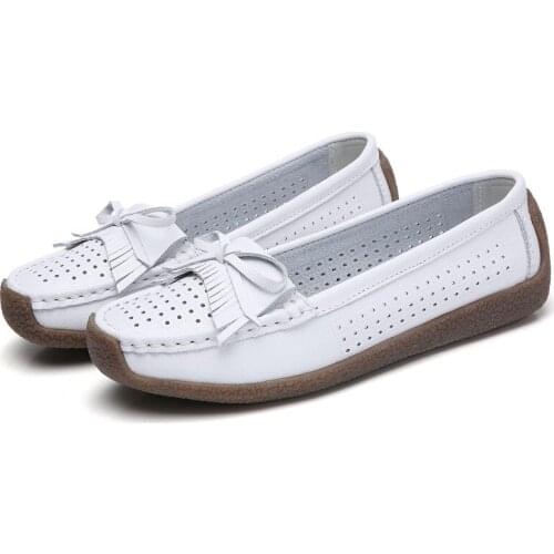 Cowhide pea shoes womens breathable fringe small white single shoes hollow shoes casual flat sole shoedy