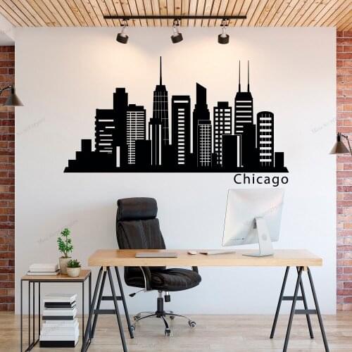 Office Wall Decal Chicago Skyline Wall Decals Murals Chicago City Silhouette Vinyl Stickers Removable Poster WU302