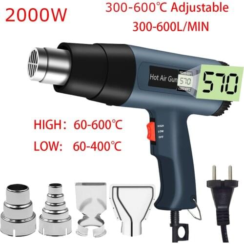 2000W 220V EU Plug Industrial Electric Hot Air Gun Thermoregulator LCD Heat Guns Shrink Wrapping Thermal Heater Nozzle