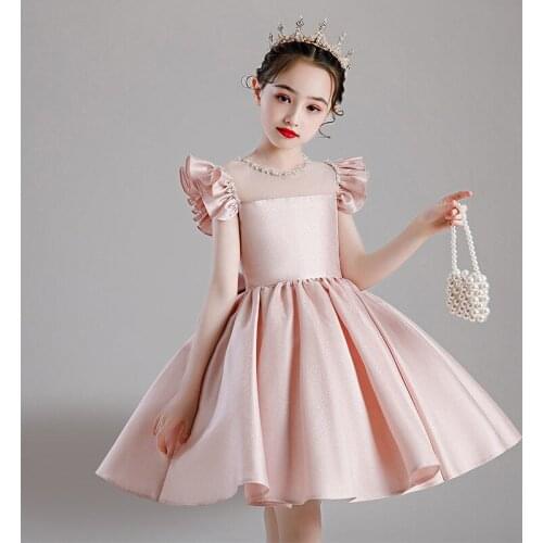 Pink Satin Flower Girl Dresses Wedding Beading Pleated Kids Pageant Dress for Birthday Costume Big Bowknot Princess Party Dress