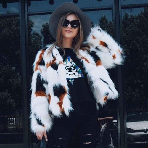 Savabien Fashion Fluffy Faux Fur Coat Women Winter Tops Mixed Color Warm Outerwear Fake Fur Jacket Plus Size Casual Overcoat