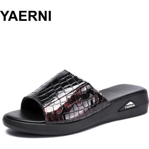 YAERNI Women Slippers Genuine Leather Shoes Casual Slides Women Summer Shoes Solid Mother Shoes Wedges Flip Flops