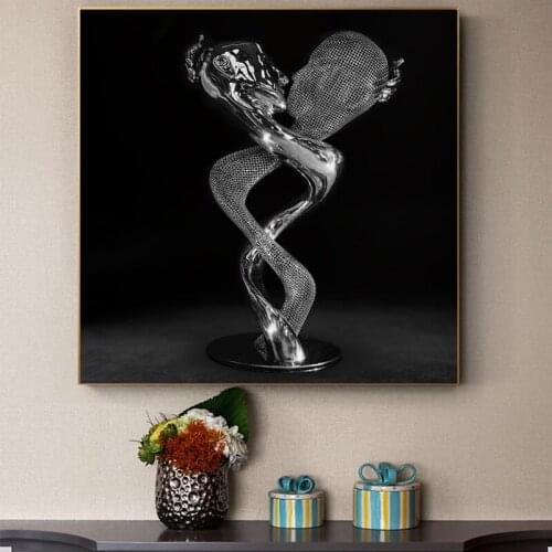Modern Romantic Metal Figure Sculpture Art Black Oil on Canvas Painting Posters and Prints Wall Art Picture for Living Room