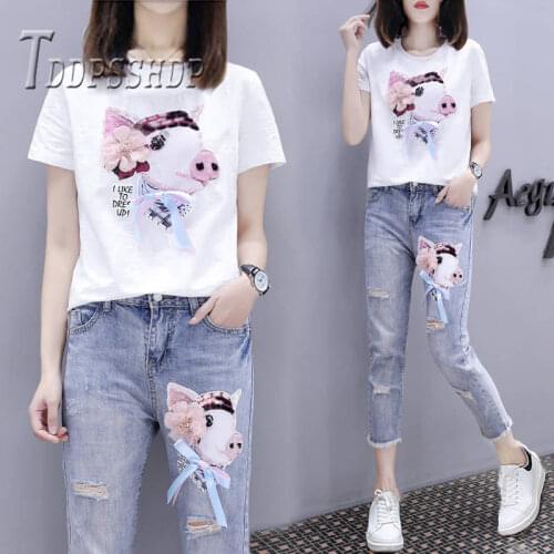 2019 Cute Pig Print Women Sets Short Sleeve T Shirt And Jeans Female Sets