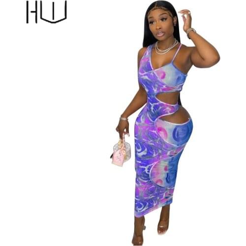 Hollow Out Sleeveless Print Maxi Dress Sexy Party Club Irregular Summer Outfits Bodycon Elegant Dress Plus Size Wholesale Retail