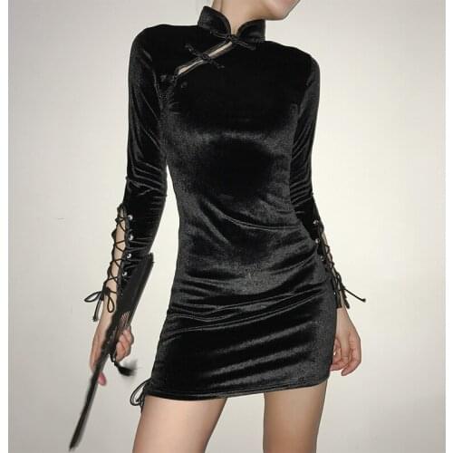 Black Goth Chinese Velvet Women Mini Cheongsam 2021 Autumn Lady Hollow Out Drawstring Eyelet Sexy Spilt Stand Neck Hipster Dress