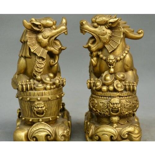 Chinese fengshui old bronze brave troops wealth beasts PiXiu unicorn statue pair