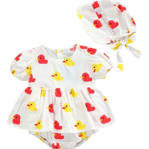 2Pcs Baby Girls Summer Outfits Puff Sleeves Cartoon Print Tutu Bodysuit with Sun Hat Set Newborn Girls Clothing Sunsuit