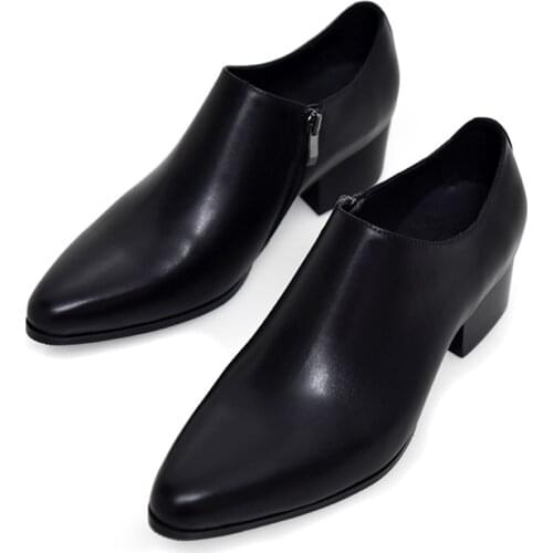 Mens Pointed Toe High Heel Shoes Thick Heel Height Increasing Wedding Shoes Man Formal Dress Shoes Zip Oxfords Trendy