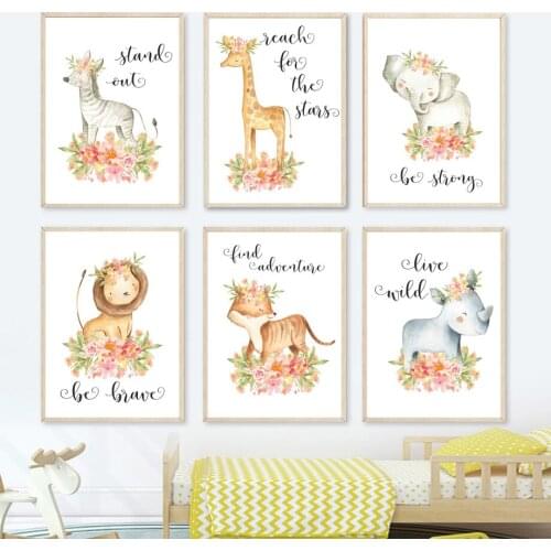 Zebra Giraffe Elephant Lion Fox Rhino Flower Wall Art Canvas Painting Nordic Posters And Prints Wall Pictures Kids Room Decor