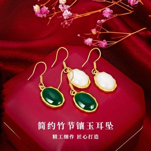 Natural Green Hetian Jade Earring 925 Silver Fashion Jewelry Chalcedony Amulet Gifts for Women