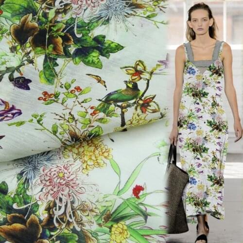 Floral and animal design silk linen blended fabric flower and bird print,SLN150