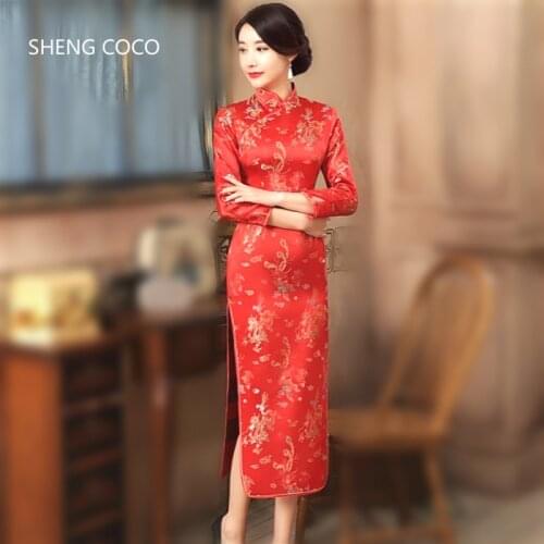 SHENG COCO Women Oriental Style Dresses Stain Qipao Long Sleeve Red Dragon Phoenix Tang Costume Cheongsam Wedding Dress