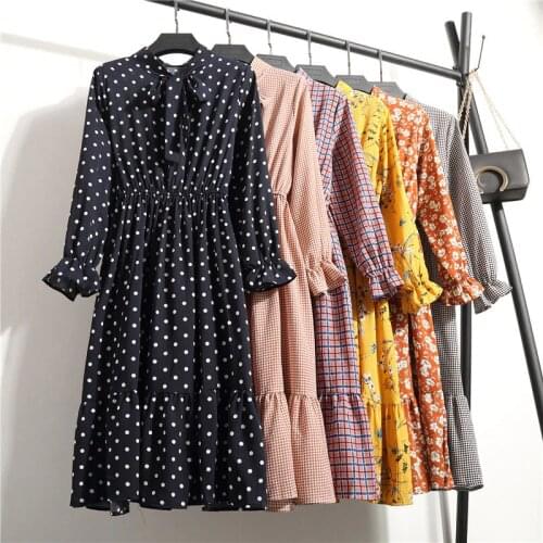 Chiffon Shirt Dress Long Sleeve Bow Midi Summer Dress Vestido Women Casual Autumn Dress Lady Korean Style Vintage Floral Printed