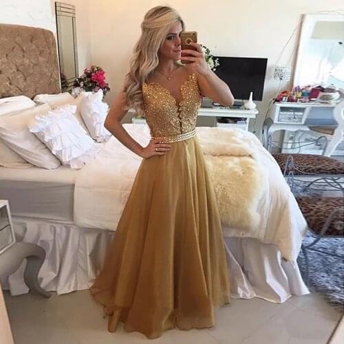 2021 New Chiffon Beaded Long Prom Dress Lace Applique Sheer Back Sleeveless Formal Gown O-Neck Floor Length Evening Dresses