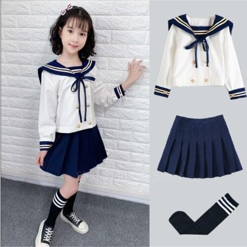 Japanese Style Children Student School Uniform Sailor Navy Cosplay JK Suit Pleated Skirt Girls Long Sleeve Lovely Class Wear