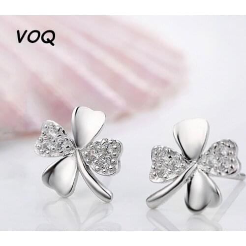 VOQ 925 Sterling Silver Hot Sale Earrings brincos pendientes Lucky Clover Stud Earrings For Women Gift oorbellen