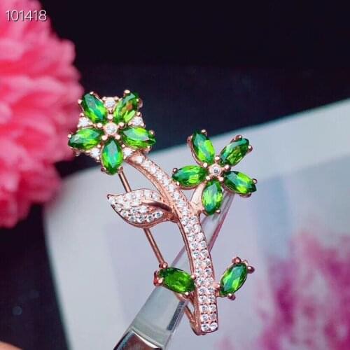 Flower Natural And Real Diopside brooch Free shipping Natural real Diopside 925 sterling silver brooch