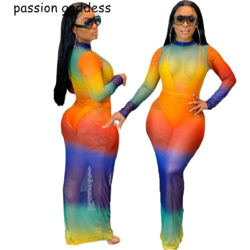 Plus Size 2021 New Women Summer Sexy See Through Mesh Long Maxi Dress Full Sleeve Tie Dye Print Bodycon Night Club Party Dresses