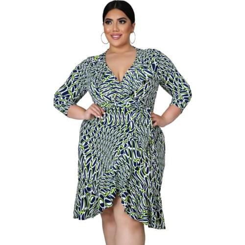Plus Size Women Clothing V Neck Dress Long Sleeve Office Lady Slip Hem Elegant Mini Dresses Fashion Wholesale 2021 DropShipping