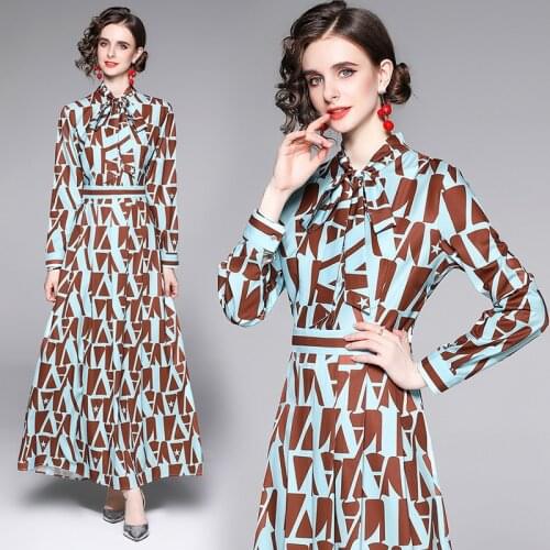 2021 New Vintage Elegant Summer Geometric Print Dress With Luxury Bow Collar Midi Long Casual Office Work Vestidos