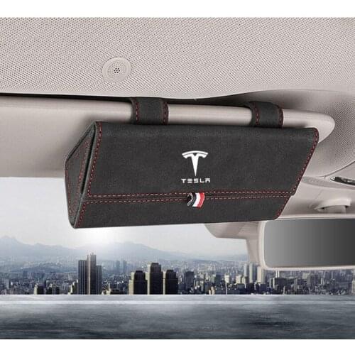 Car Sun Visor glasses case Holder Clip Multifunction Leather Organizer box For Tesla Model 3 S X Y Logo Car Styling accessories