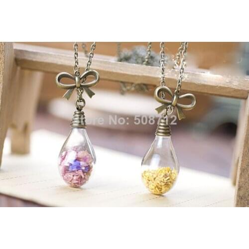 Free shipping !!Beautiful Handmade Water drop Glass globe 2 colors dry flower necklace can choose