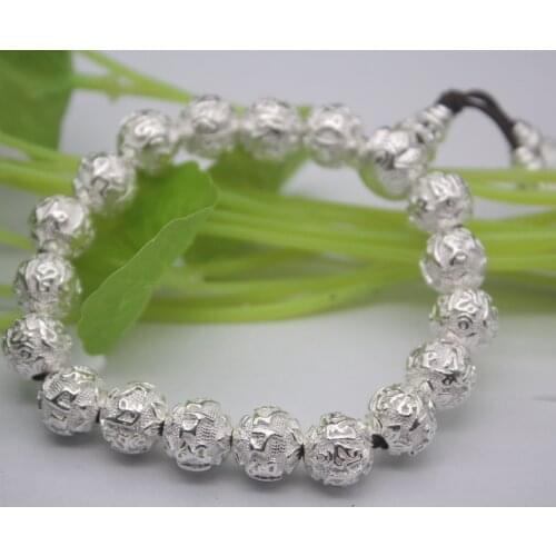 Real S999 Silver Bracelet Women Mans Sutra Buddhism Six Words 10mm Beads Chain Link Fashion Women Mens Bracelet 17cmL