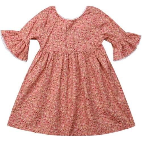 Wallarenear Baby Kid Girls Dress Lace Sleeve Cotton Print Floral Dress Party Wedding Pageant Bridesmaid Princess Dress