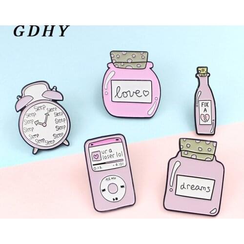Pink Cartoon Brooch 'Sleep'Alarm Clock 'Dreams. love' Magic Potion Bottle MP3 Daily Supplies Enamel Pins For Kids Badges Gift
