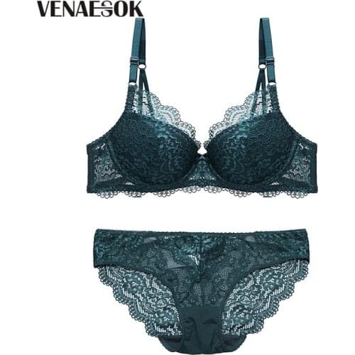 Europe Gather Bras Green Lingerie Sets Lace Embroidery Brassiere Cotton Thick Underwear Set Sexy Women Push Up Bra Set Deep V
