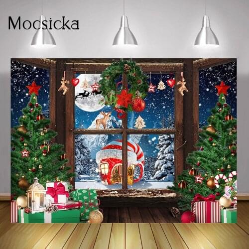 Winter Christmas Portrait Backdrop Xmas Wooden Window Full Moon Night Background Snow Wonderland Scene Gifts Photography Props
