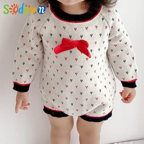 Sodawn Autumn Romper Jumpsuit Baby Girl Clothes Birthday Party Clothes Infant Knitwear Bowknot Decoration